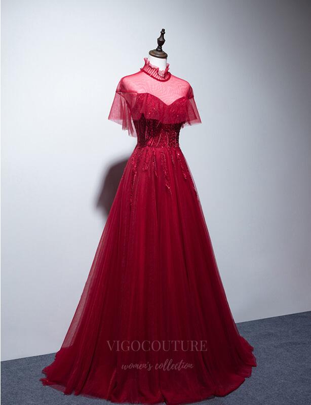 vigocouture-Red High Neck Short Sleeve Prom Dress 20666-Prom Dresses-vigocouture-