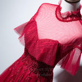 vigocouture-Red High Neck Short Sleeve Prom Dress 20666-Prom Dresses-vigocouture-