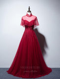 vigocouture-Red High Neck Short Sleeve Prom Dress 20666-Prom Dresses-vigocouture-Red-US2-