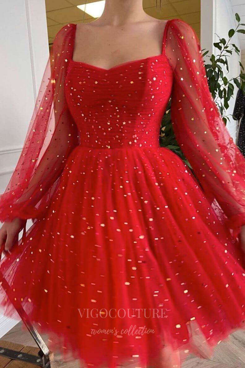 Red Homecoming Dress Long Sleeve Hoco Dress hc004 – vigocouture