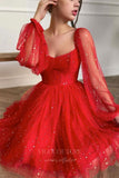 Red Homecoming Dress Long Sleeve Hoco Dress hc004