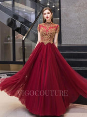 Red Lace Applique High Neck A-line Prom Dress 20052