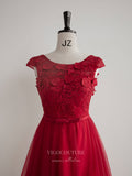 vigocouture-Red Lace Applique Prom Dresses Cap Sleeve Formal Dresses 21037-Prom Dresses-vigocouture-
