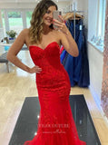 vigocouture-Red Lace Applique Prom Dresses Mermaid Sweetheart Neck Evening Dress 21680C-Prom Dresses-vigocouture-