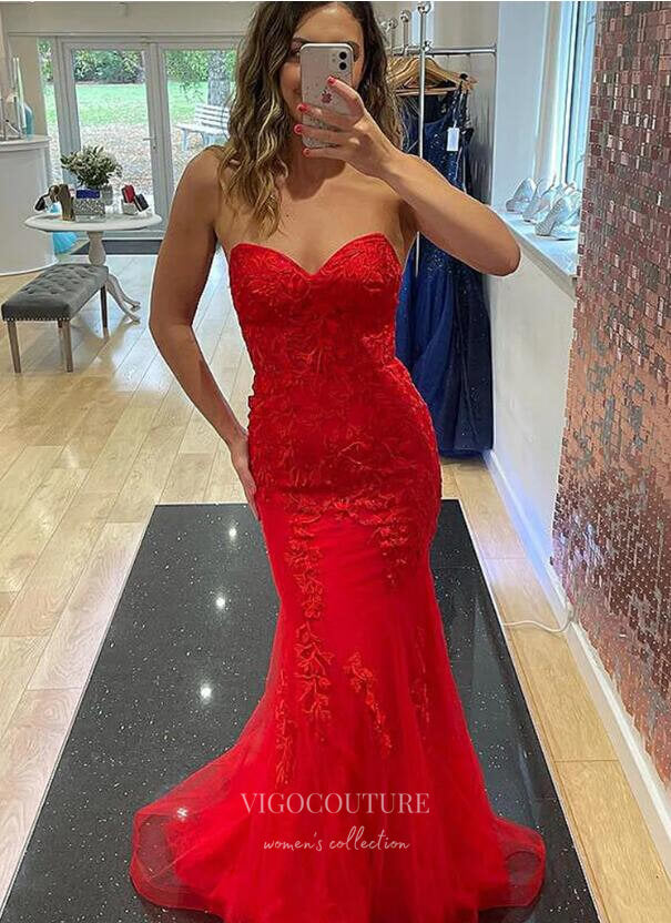 vigocouture-Red Lace Applique Prom Dresses Mermaid Sweetheart Neck Evening Dress 21680C-Prom Dresses-vigocouture-Red-US0-