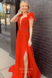 Red Lace Applique Prom Dresses Plunging V-Neck Feather Evening Gown 21925-Prom Dresses-vigocouture-Red-US2-vigocouture