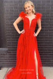 Red Lace Applique Prom Dresses Plunging V-Neck Feather Evening Gown 21925-Prom Dresses-vigocouture-Red-US2-vigocouture