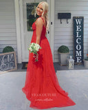 Red Lace Applique Prom Dresses with Slit Spaghetti Strap Formal Gown 22031-Prom Dresses-vigocouture-Red-Custom Size-vigocouture