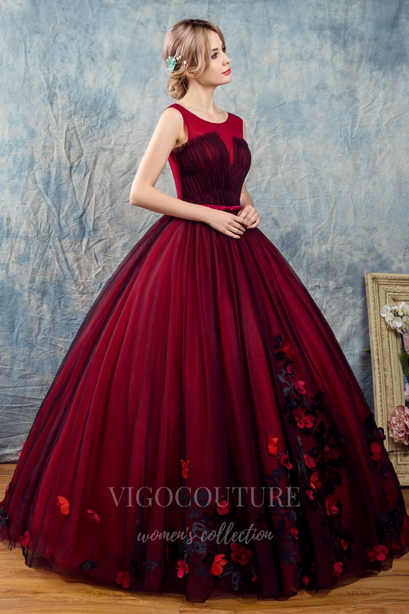 vigocouture-Red Lace Applique Quinceañera Dresses Sleeveless Ball Gown 20436-Prom Dresses-vigocouture-