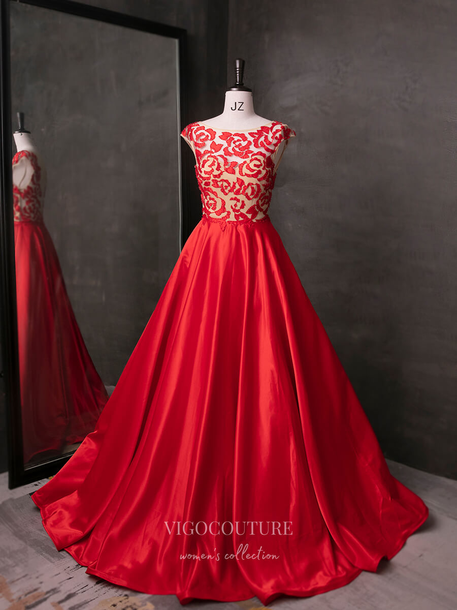 vigocouture-Red Lace Applique Satin Prom Dresses 21013-Prom Dresses-vigocouture-Red-Custom Size-