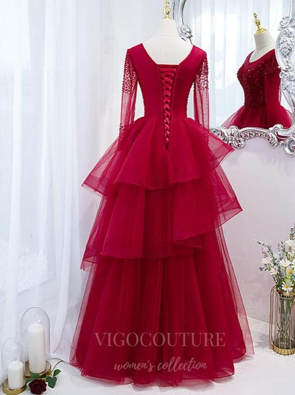 vigocouture-Red Long Sleeve Beaded Prom Dress 2022 Tiered Formal Dress 20497-Prom Dresses-vigocouture-