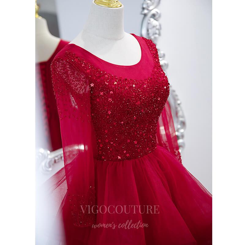 vigocouture-Red Long Sleeve Beaded Prom Dress 2022 Tiered Formal Dress 20497-Prom Dresses-vigocouture-