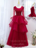vigocouture-Red Long Sleeve Beaded Prom Dress 2022 Tiered Formal Dress 20497-Prom Dresses-vigocouture-Red-US2-
