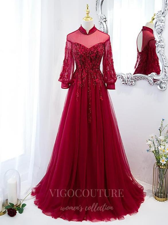 vigocouture-Red Long Sleeve Prom Dress 2022 Beaded High Neck Formal Dress 20503-Prom Dresses-vigocouture-Red-US2-