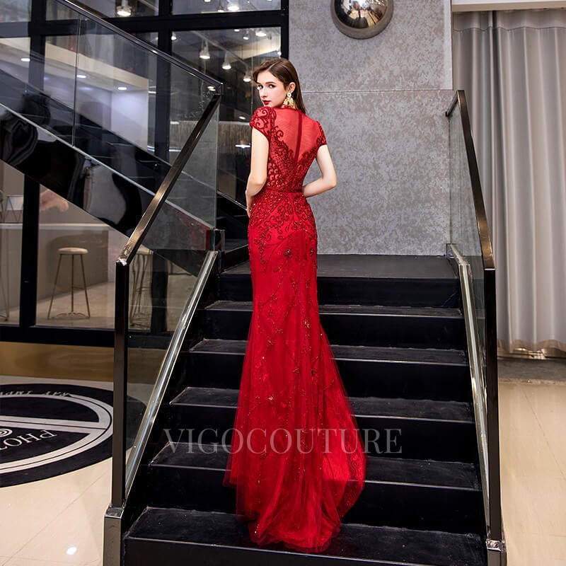 vigocouture-Red Mermaid Beaded Round Neck Prom Dress 20040-Prom Dresses-vigocouture-