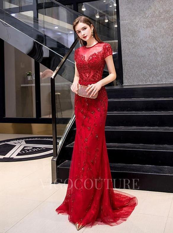 vigocouture-Red Mermaid Beaded Round Neck Prom Dress 20040-Prom Dresses-vigocouture-Red-US2-