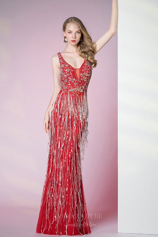 vigocouture-Red Mermaid Beaded String Prom Dress 20807-Prom Dresses-vigocouture-