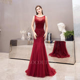 vigocouture-Red Mermaid Evening Dress Boatneck Beaded Prom Dresses 20032-Prom Dresses-vigocouture-