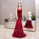 vigocouture-Red Mermaid Evening Dress Boatneck Beaded Prom Dresses 20032-Prom Dresses-vigocouture-