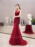 vigocouture-Red Mermaid Evening Dress Boatneck Beaded Prom Dresses 20032-Prom Dresses-vigocouture-Red-US2-