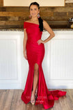 Red Mermaid Satin Prom Dresses with Slit One Shoulder Evening Dress 21913-Prom Dresses-vigocouture-Blue-US2-vigocouture