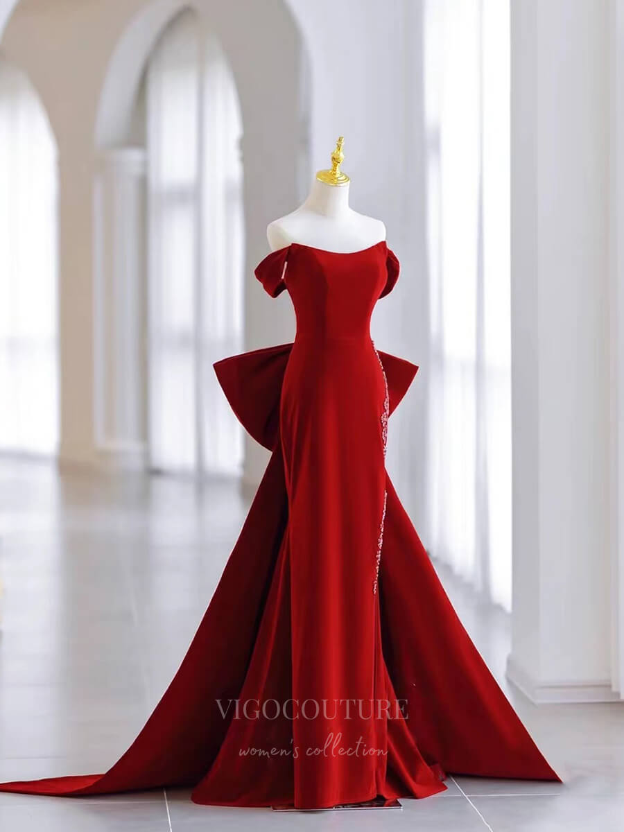 vigocouture-Red Mermaid Velvet Prom Dress Off the Shoulder 21003-Prom Dresses-vigocouture-Red-Custom Size-