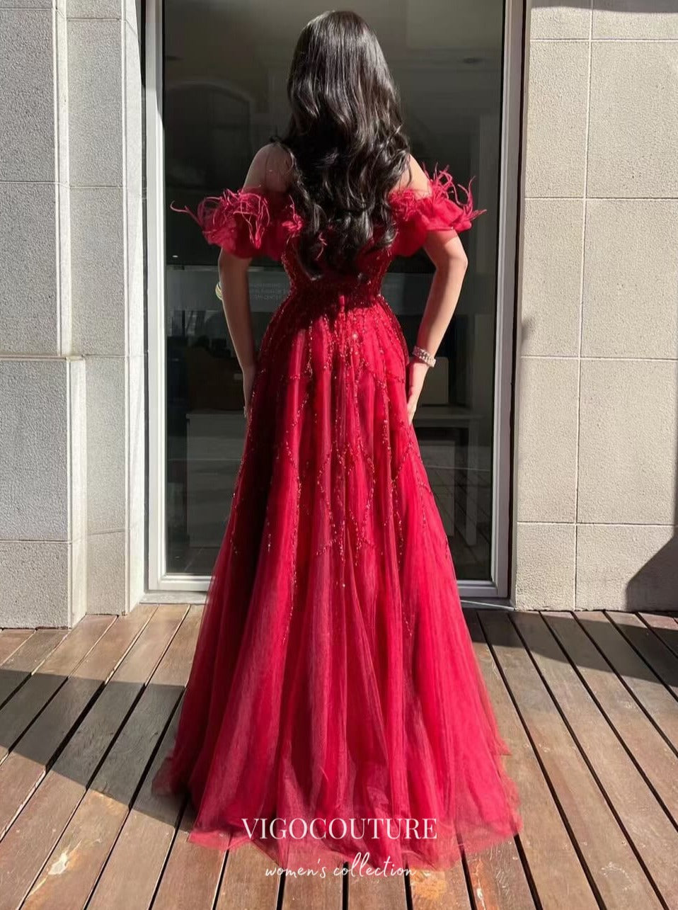Red Off the Shoulder Beaded Prom Dress with Feathers 22237-Prom Dresses-vigocouture-Red-US2-vigocouture