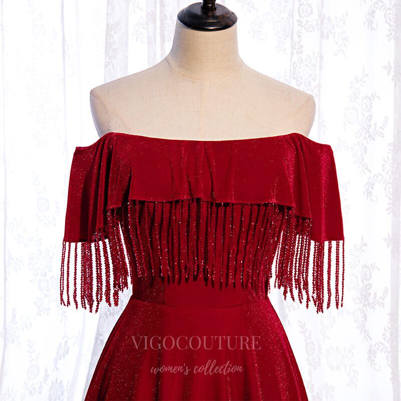 vigocouture-Red Off the Shoulder Prom Dress 2022 Beaded Party Dress 20515-Prom Dresses-vigocouture-