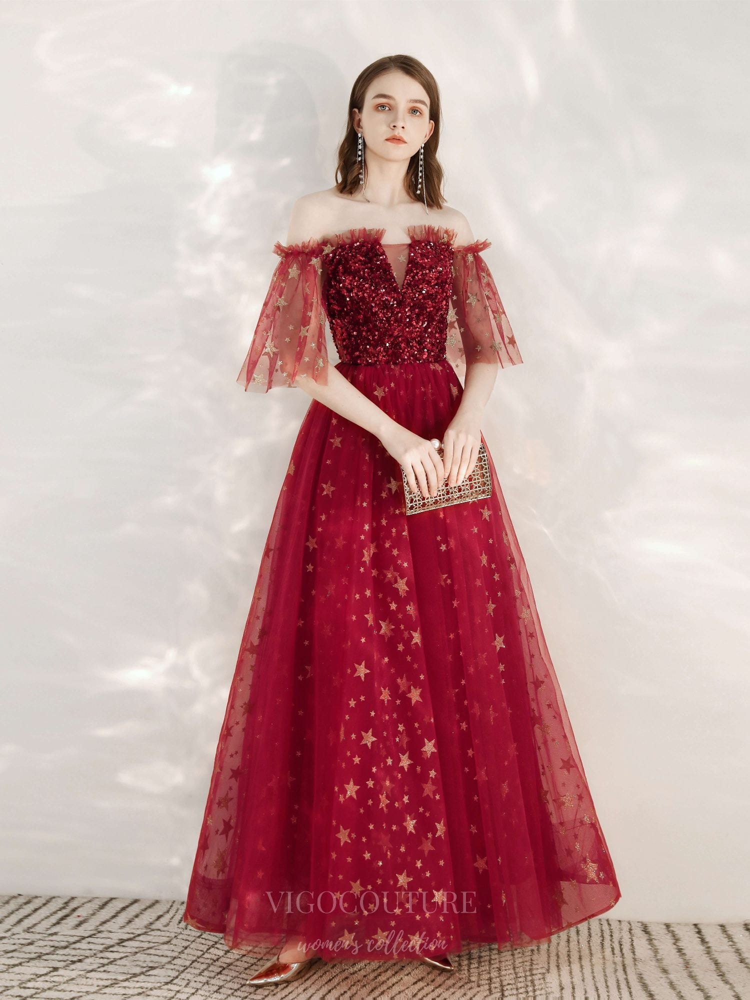 vigocouture-Red Off the Shoulder Prom Dress 20694-Prom Dresses-vigocouture-