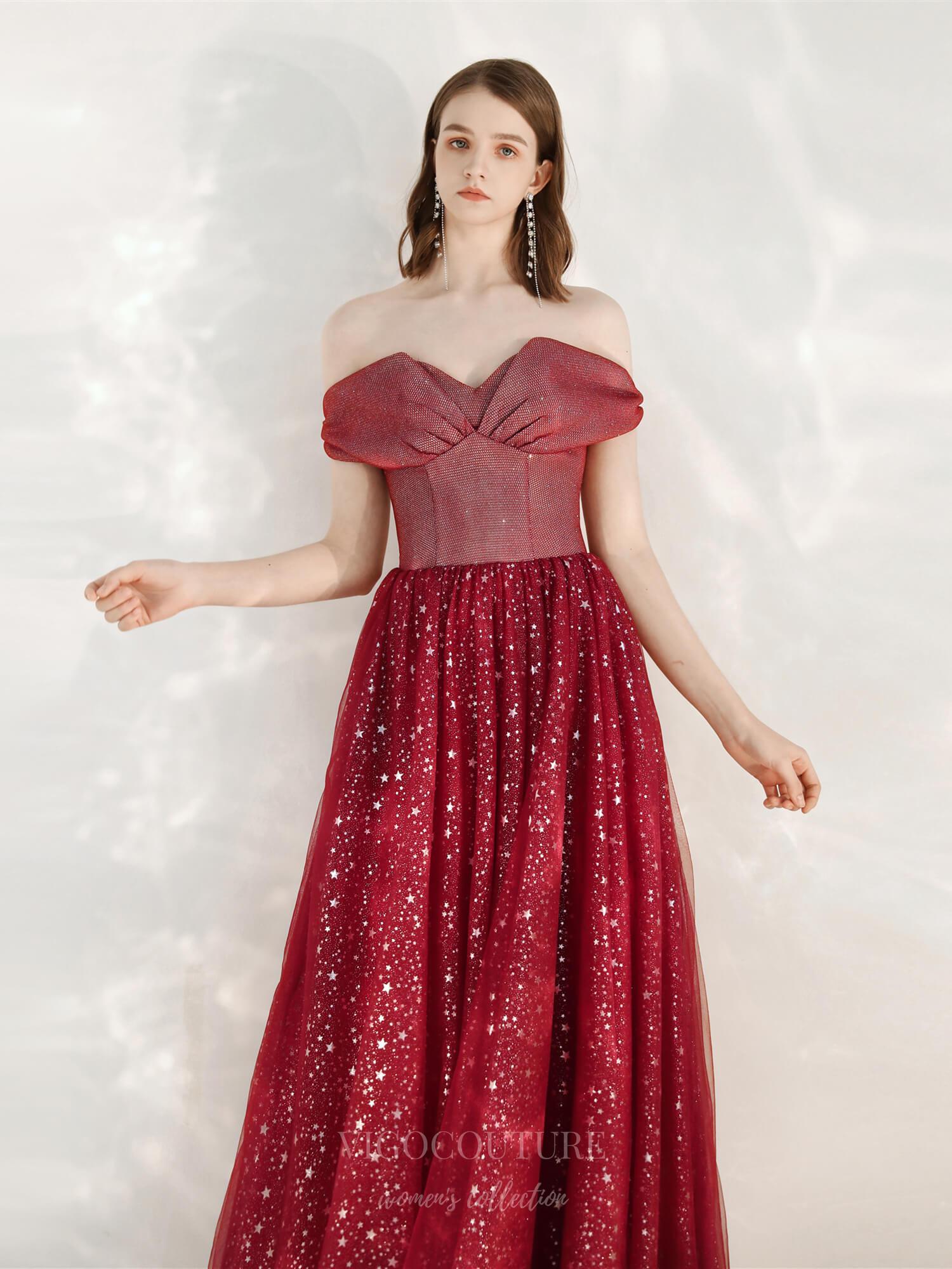 vigocouture-Red Off the Shoulder Prom Dress 20697-Prom Dresses-vigocouture-