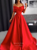 vigocouture-Red Off the Shoulder Prom Dresses Satin A-Line Evening Dress 21778-Prom Dresses-vigocouture-Red-US2-