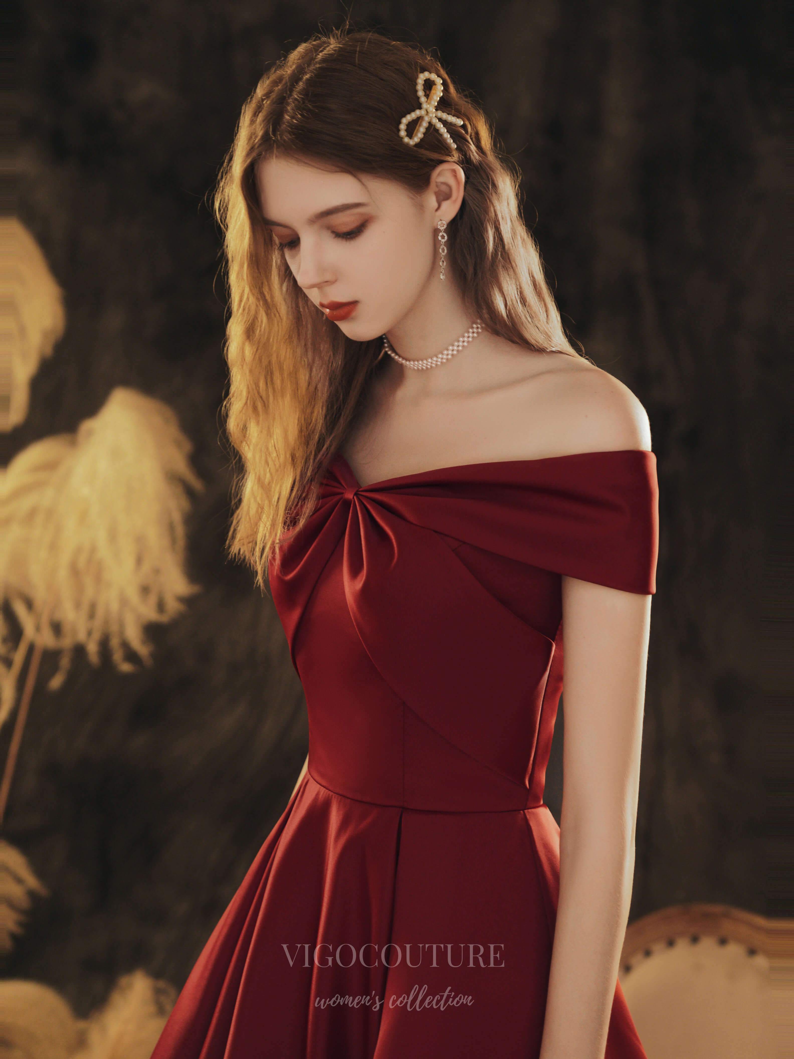 vigocouture-Red Off the Shoulder Satin Prom Dress 20710-Prom Dresses-vigocouture-