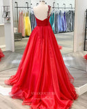 vigocouture-Red One Shoulder Prom Dresses Pleated Organza Evening Dress 21802-Prom Dresses-vigocouture-