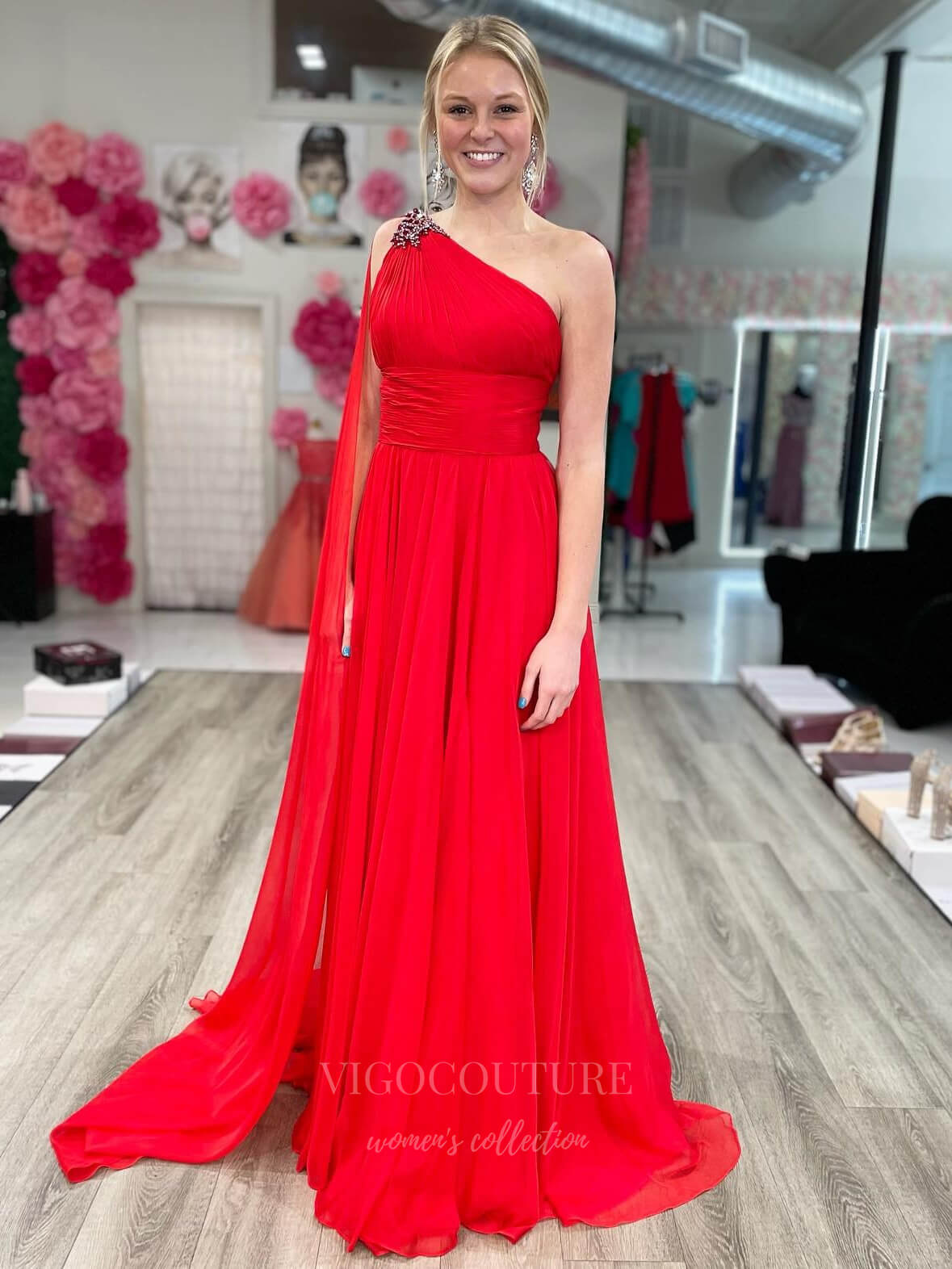 vigocouture-Red Pleated Chiffon One Shoulder Prom Dress 20971-Prom Dresses-vigocouture-Red-US2-