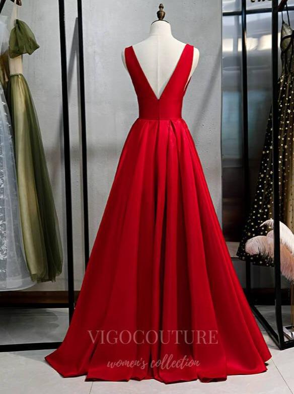 vigocouture-Red Plunging V-Neck Prom Dress 2022 Satin Formal Dress 20550-Prom Dresses-vigocouture-