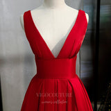 vigocouture-Red Plunging V-Neck Prom Dress 2022 Satin Formal Dress 20550-Prom Dresses-vigocouture-