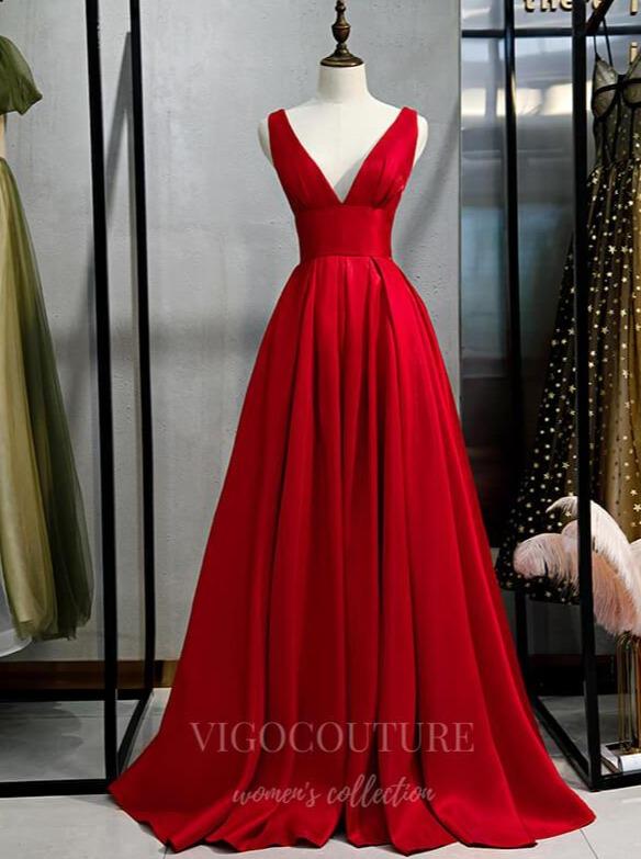 vigocouture-Red Plunging V-Neck Prom Dress 2022 Satin Formal Dress 20550-Prom Dresses-vigocouture-Red-US2-