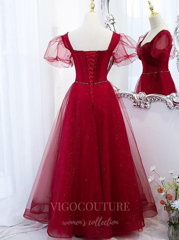 vigocouture-Red Puffed Sleeve Prom Dress 2022 Sparkly Tulle Party Dress 20510-Prom Dresses-vigocouture-