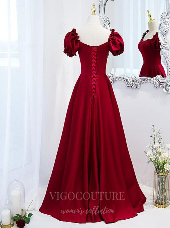 vigocouture-Red Puffed Sleeve Prom Dress 2022 Sweetheart Neck Formal Dress 20505-Prom Dresses-vigocouture-