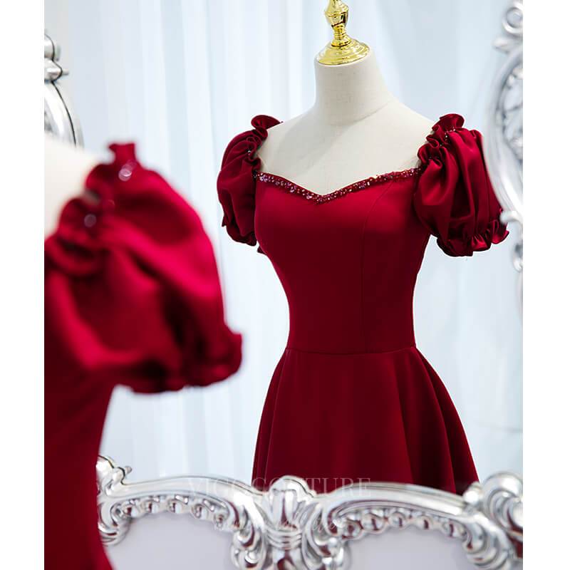 vigocouture-Red Puffed Sleeve Prom Dress 2022 Sweetheart Neck Formal Dress 20505-Prom Dresses-vigocouture-