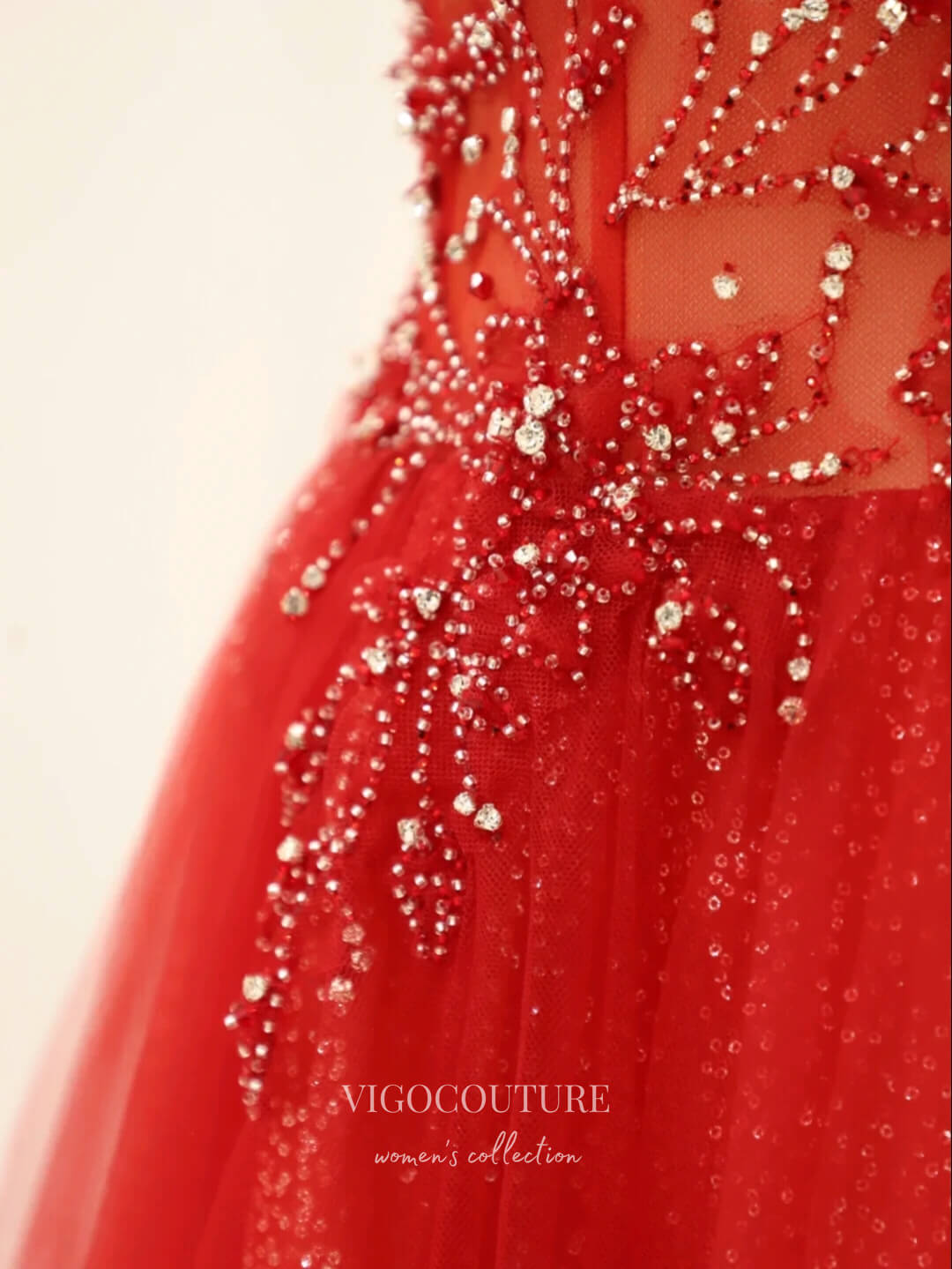 vigocouture-Red Puffed Sleeve Prom Dresses Beaded Formal Dresses 21191-Prom Dresses-vigocouture-