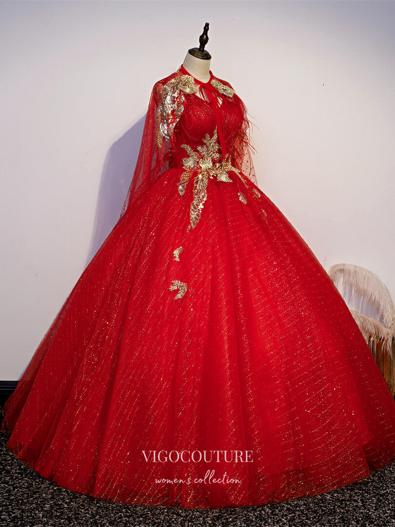 vigocouture-Red Removable Cape Quinceanera Dresses Lace Applique Princess Dresses 21434-Prom Dresses-vigocouture-