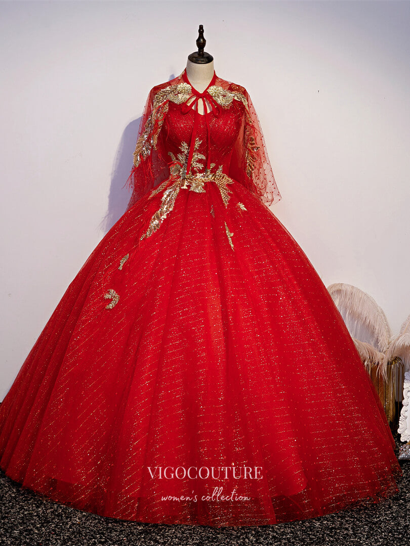 vigocouture-Red Removable Cape Quinceanera Dresses Lace Applique Princess Dresses 21434-Prom Dresses-vigocouture-Red-Custom Size-