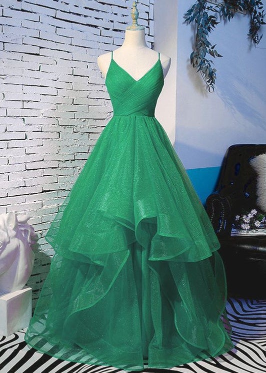 vigocouture-Tiered V-Neck Spaghetti Strap Prom Dress 20548-Prom Dresses-vigocouture-Green-US2-