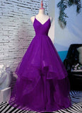 vigocouture-Tiered V-Neck Spaghetti Strap Prom Dress 20548-Prom Dresses-vigocouture-Purple-US2-
