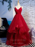 vigocouture-Tiered V-Neck Spaghetti Strap Prom Dress 20548-Prom Dresses-vigocouture-Red-US2-