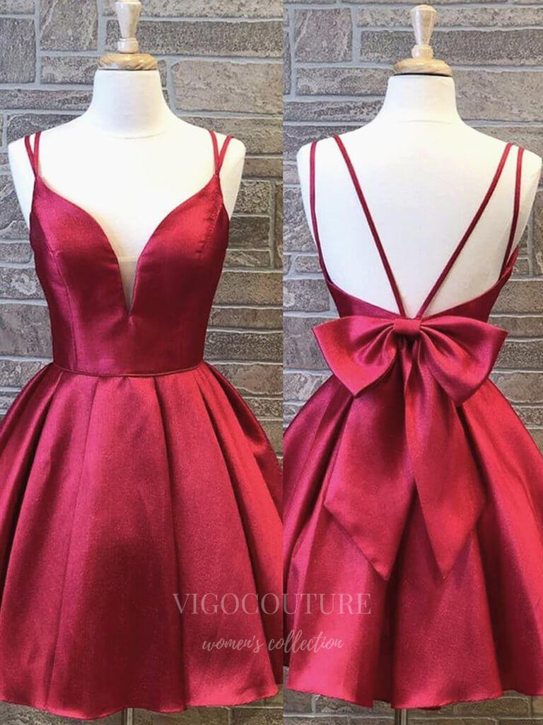 vigocouture-Red Satin Homecoming Dress Spaghetti Strap Hoco Dress hc027-Prom Dresses-vigocouture-Red-US2-