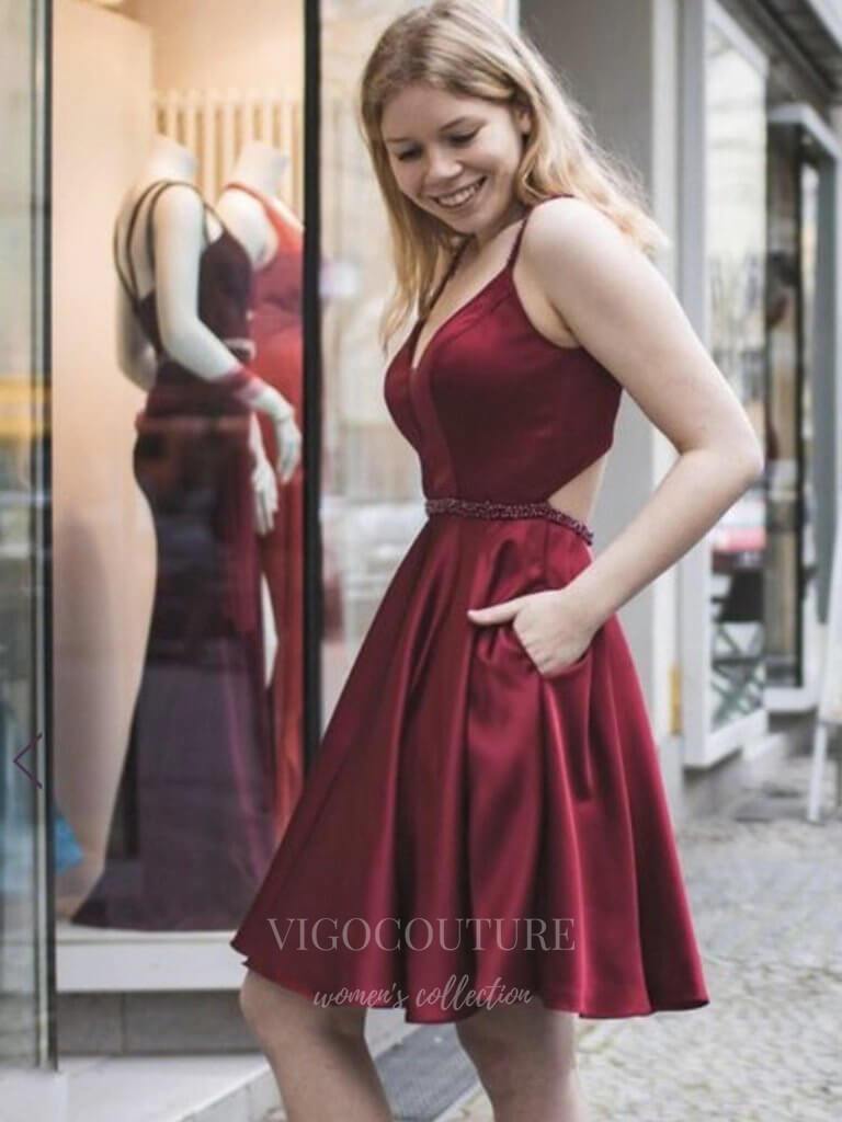 vigocouture-Red Satin Homecoming Dress Spaghetti Strap Hoco Dress hc028-Prom Dresses-vigocouture-Red-US2-
