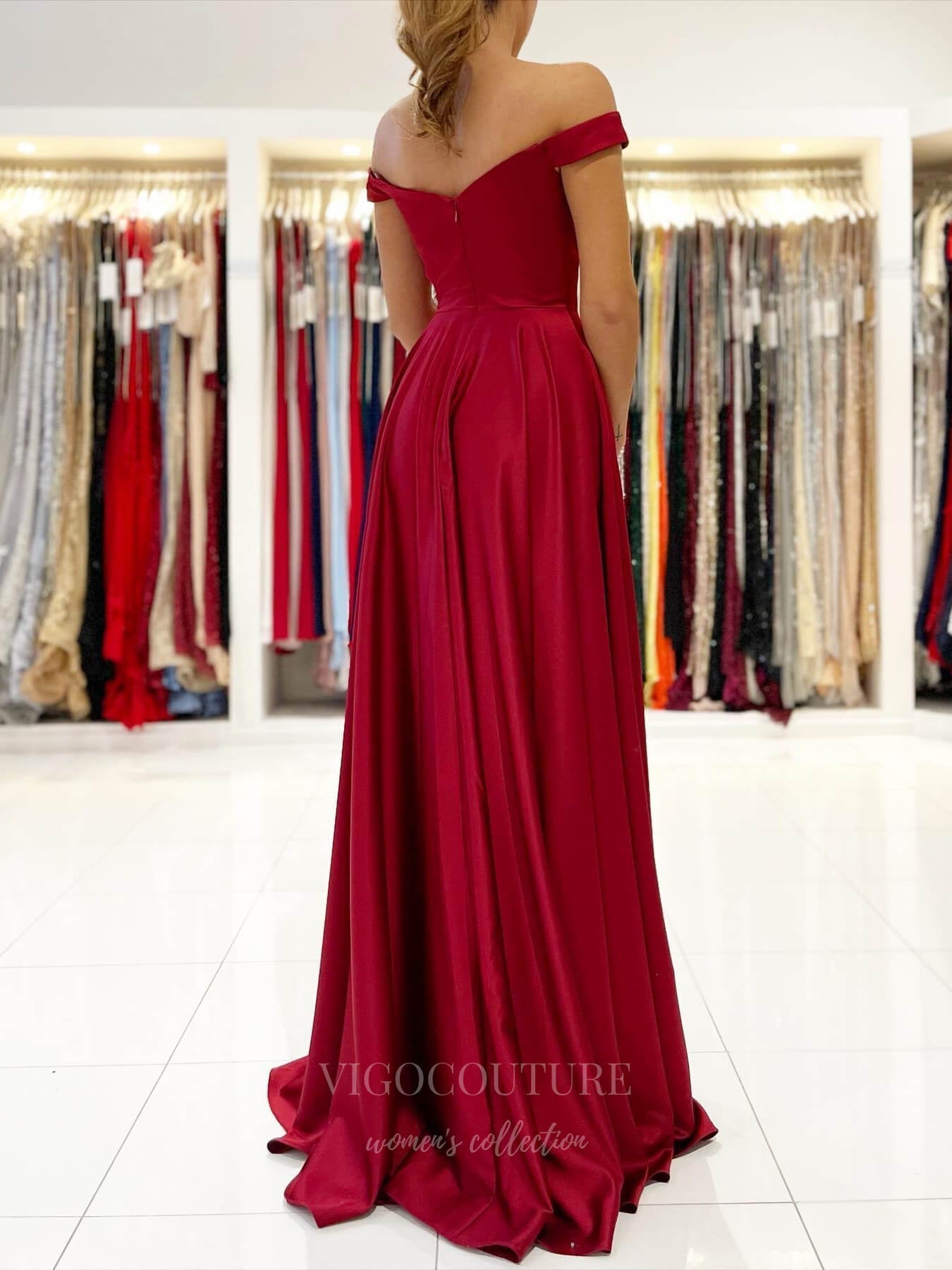 vigocouture-Red Satin Off the Shoulder Prom Dress 20947-Prom Dresses-vigocouture-