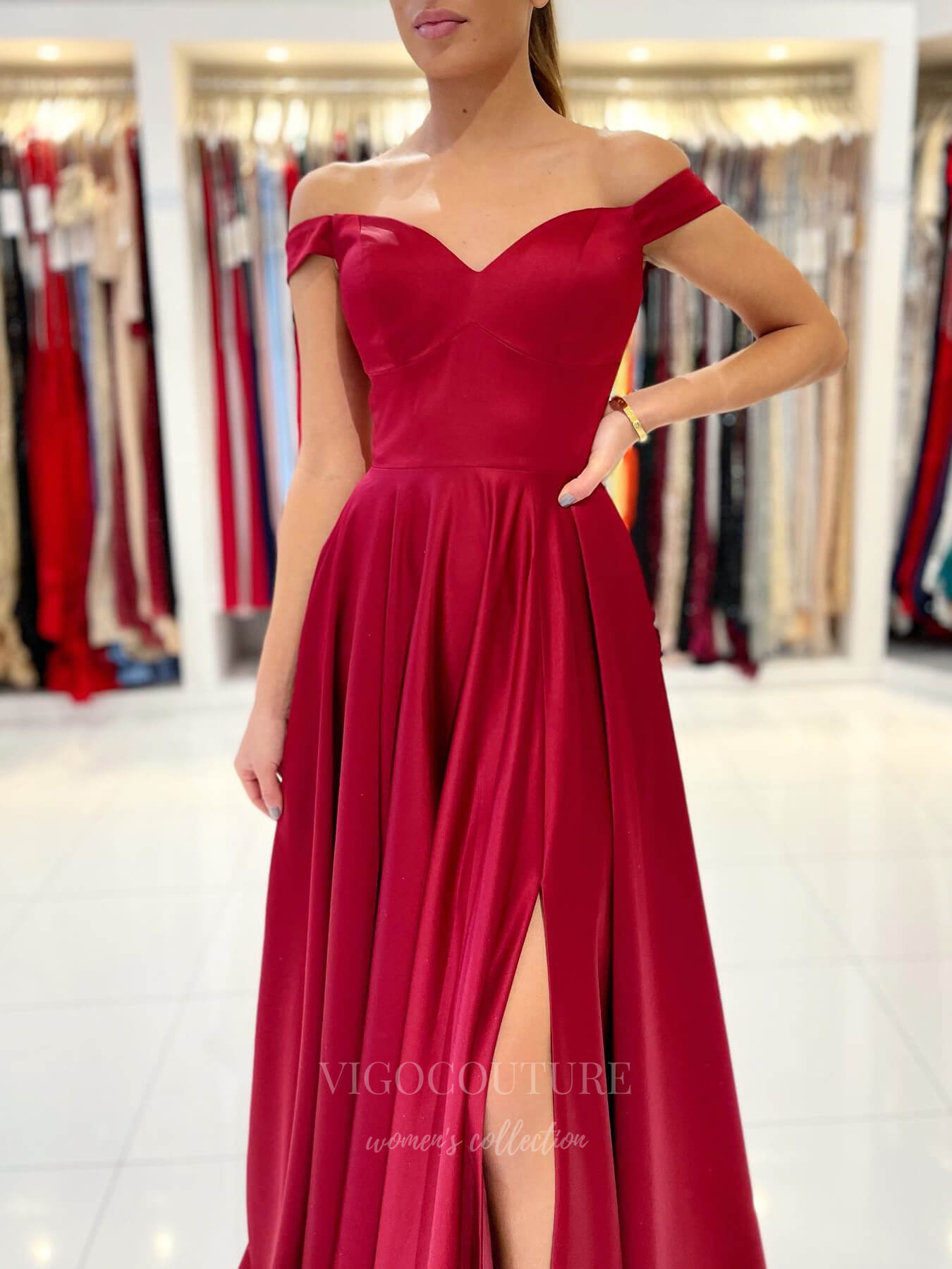vigocouture-Red Satin Off the Shoulder Prom Dress 20947-Prom Dresses-vigocouture-